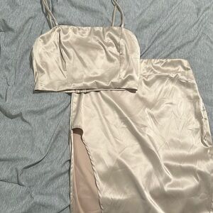 Fashion Nova Satin Two Piece Set in Champagne